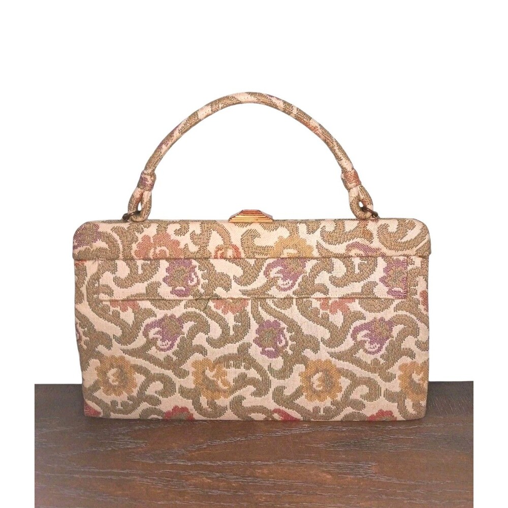 Vintage Crown Lewis Tapestry Purse Cream Floral Top Handle Bag Mid Century MCM